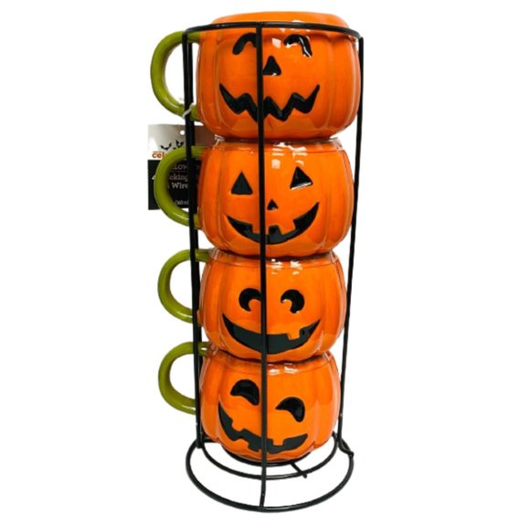 Stackable Smiling Pumpkin Jack-o-lantern Mugs Cups Set of 4 Halloween Mug FLAW - Picture 1 of 3